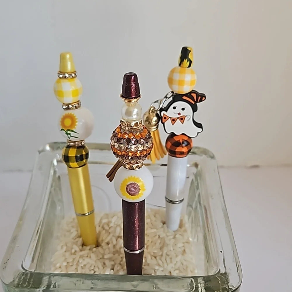 Hand Crafted 3-Set Pens Black Ink Beaded Fall Halloween Sunflower Harvest Design
